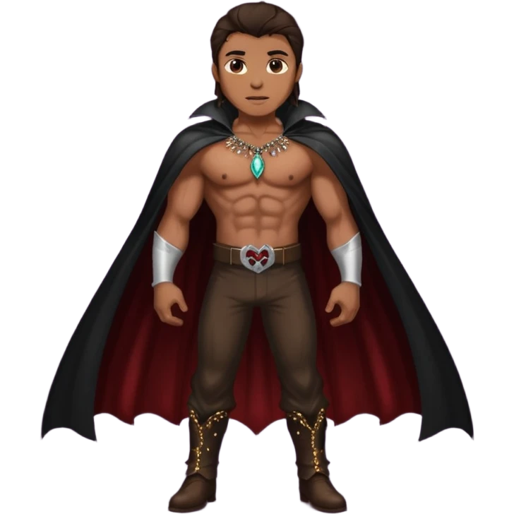 Vampire Hunter with long dark brown hair, dark brown sequin baggy pants, shirtless with necklace, dark brown sequin cape emoji