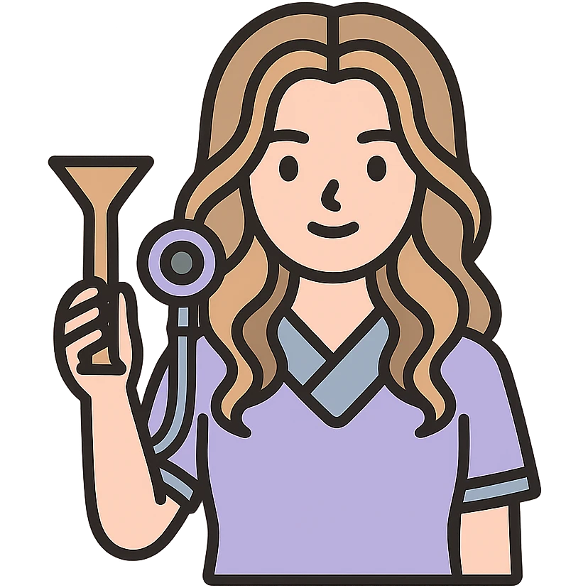A girl with appearance and clothing as in the reference image, holding an obstetric stethoscope in one hand, the other hand lowered. Style: icon-color-outlined, Chinese Eastern style, detailed shadows and highlights, thin clean contours, soft rounded shapes, pastel palette #98B5BC, #B5B3C1, #C9A3C9, #E4C0CA, #F7DCD1, #F7C0AA, soft lighting, transparent background, no decorative elements. emoji