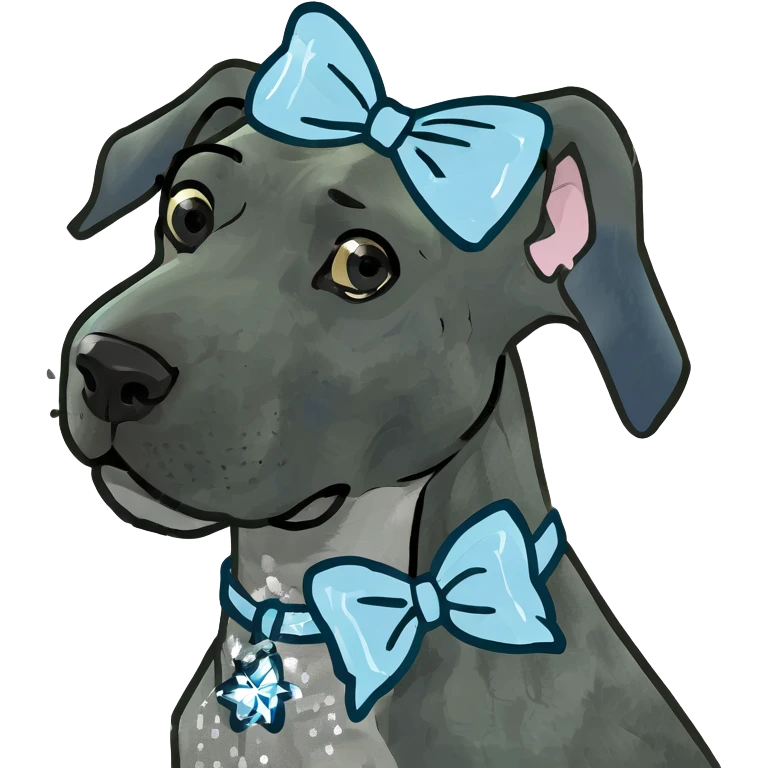 Blue Great Dane dog with a sparkly bow on its ear, 3D style emoji