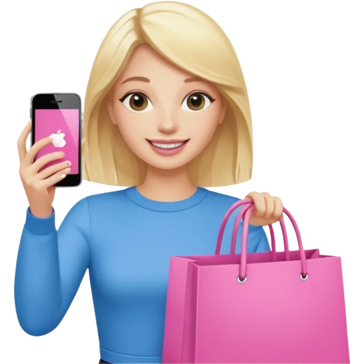 Blond influencer taking selfie with an iphone with one hand and a pink shopping bag in the other hand emoji