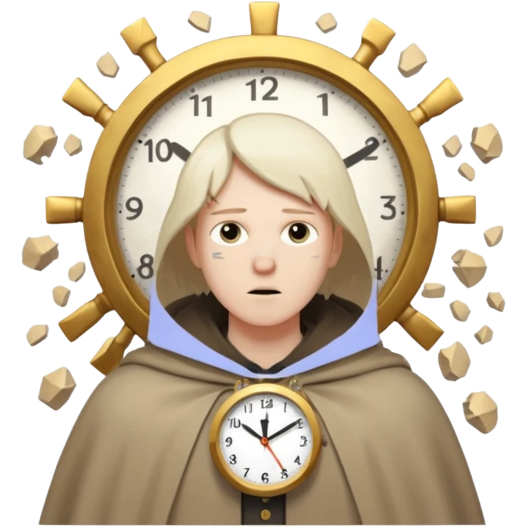 Character standing calm while clock fragments explode past, cloak barely moving emoji