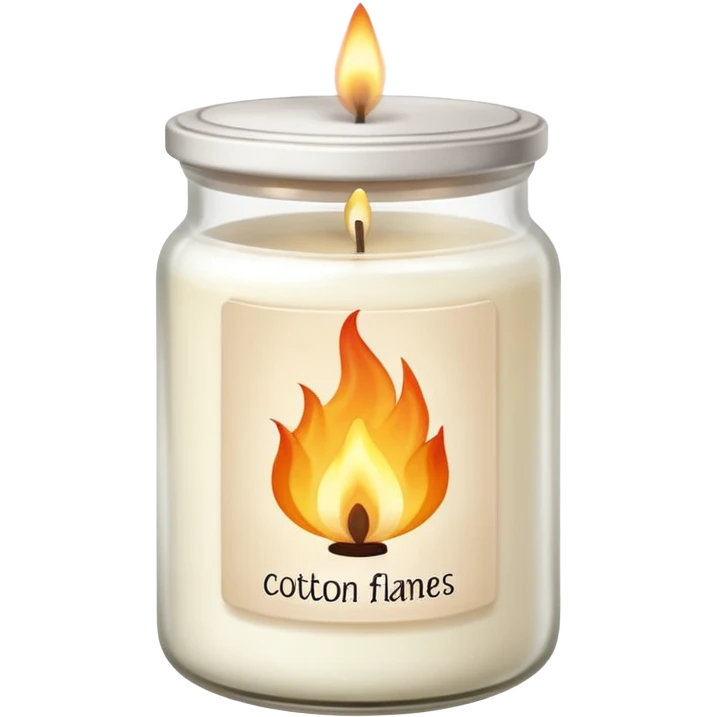 aesthetic emoji of a creamy white candle in a matte glass jar with the label “cotton”, three small flames burning evenly, soft cozy lighting, minimal elegant vector style, transparent background emoji