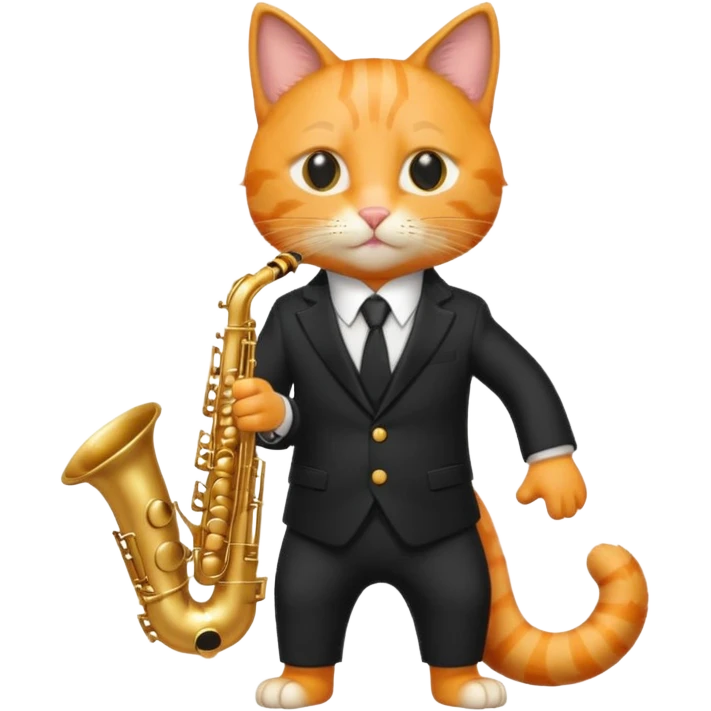 orange cat play gold saxophone, wear black suit emoji
