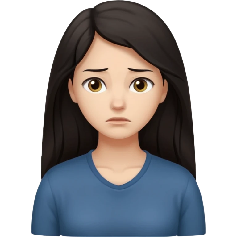 "Cartoon emoji of a woman with long, loose dark hair, wearing plain, simple clothes. Full-height, standing, nervous, unsure, worried expression. Slightly hunched, anxious posture. Smooth, simple, stylized."Eyes looking down or away, avoiding direct contact emoji