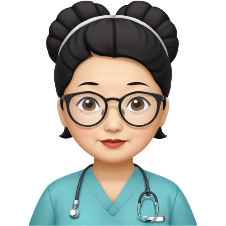 OLD ASIAN WOMAN WITH GLASSES, NURSE SCRUBS, HAIR BUN, BLACK HAIR, CHUBBY emoji