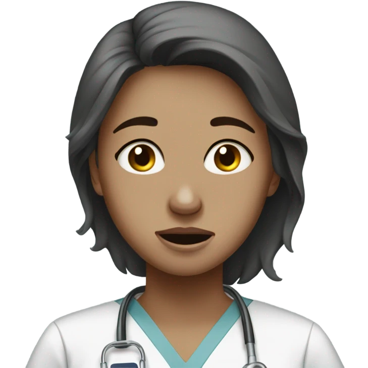 Brunette girl crying while working in hospital in gray scrubs emoji