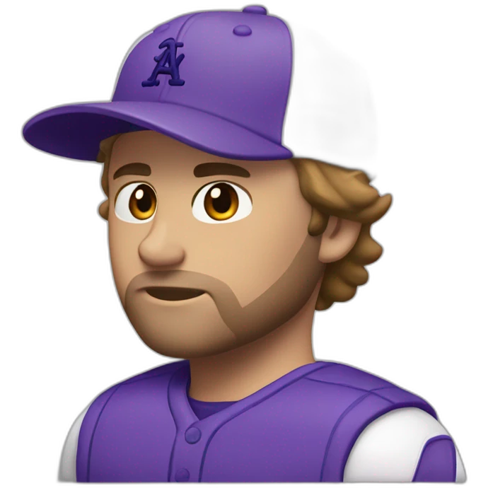 A 33 year man with light brown shot hair, black eyes and a short beard stubble, wearing a violet baseball cap emoji