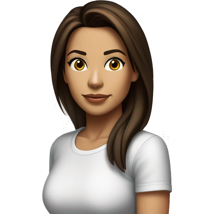3/4 face, contrasted, shadow, light, Eva Longoria expression, standing from a distance, thin nose, brunette woman, hazel eyes, long eyelashes, dark shoulder shaded hair, white t-shirt, jeans, white sneakers emoji