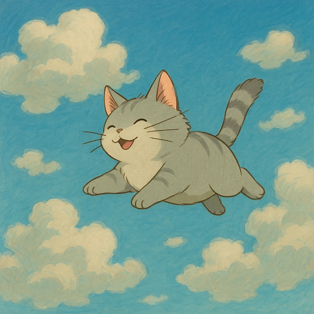 whimsical flying cat with clouds, ghibli style emoji