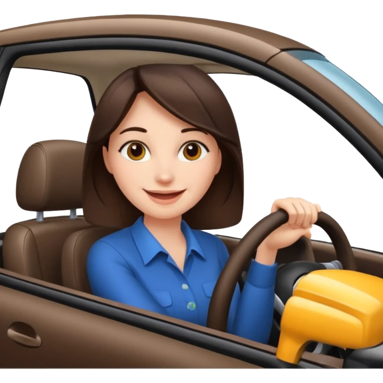 Brunette woman driving car like crazy. New car. Happy face confidence  emoji