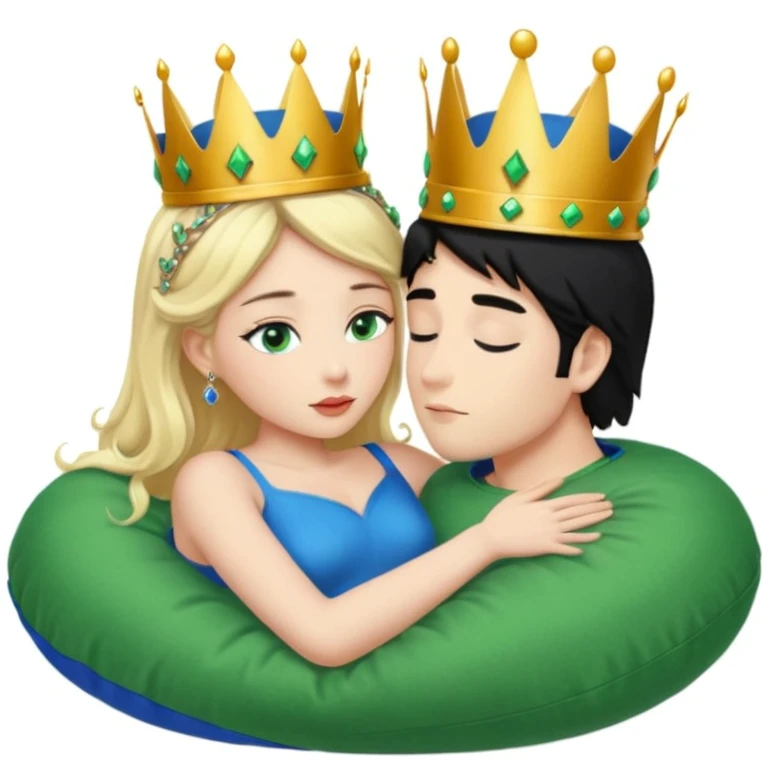 Blonde Queen with crown, Green eyes, naked, kissing man, naked, no crown, black hair, blue eyes, whole Body, Background Green pillow emoji