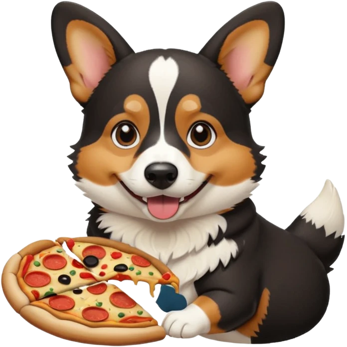 black tri-color corgi eating pizza emoji