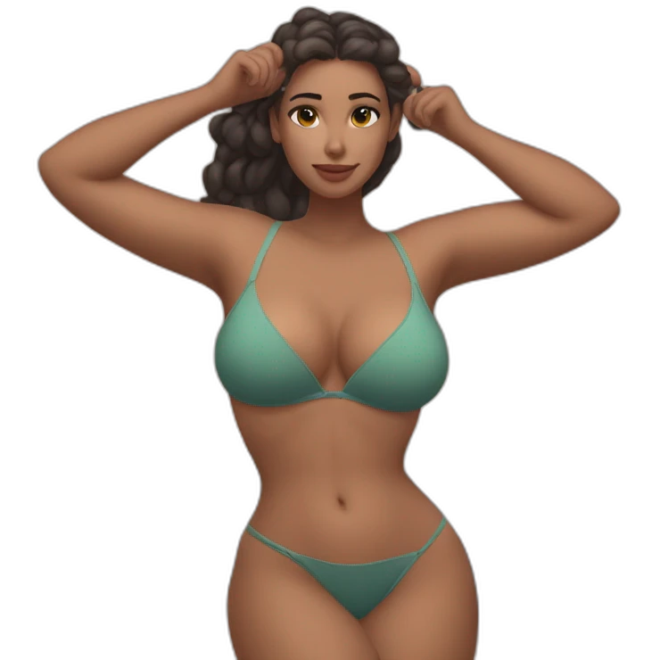 Slim-thicc Caucasian woman small bra hands-in-hair pose (beach body) full body emoji