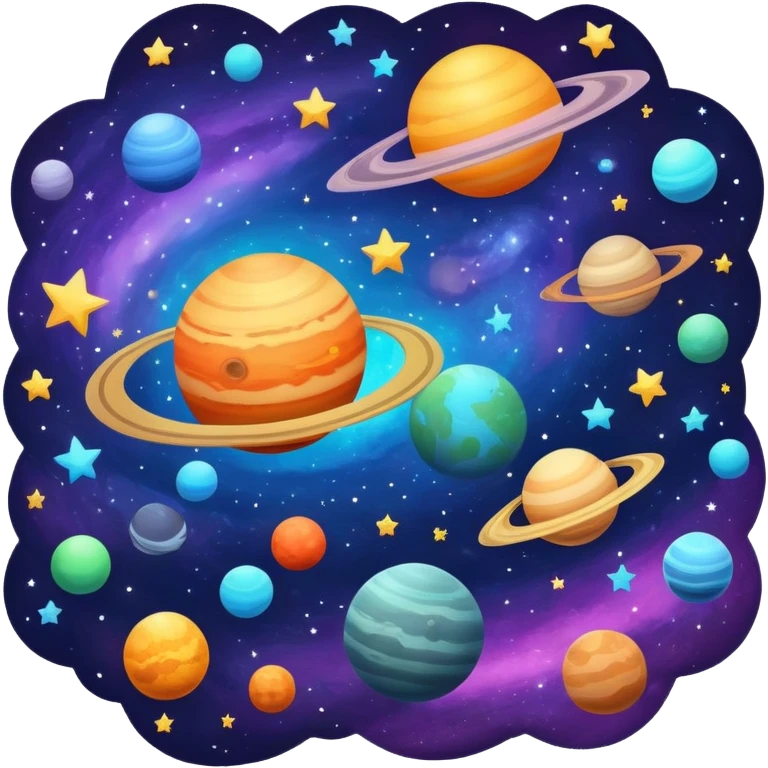 A cosmic scene with stars, planets, and galaxy emoji