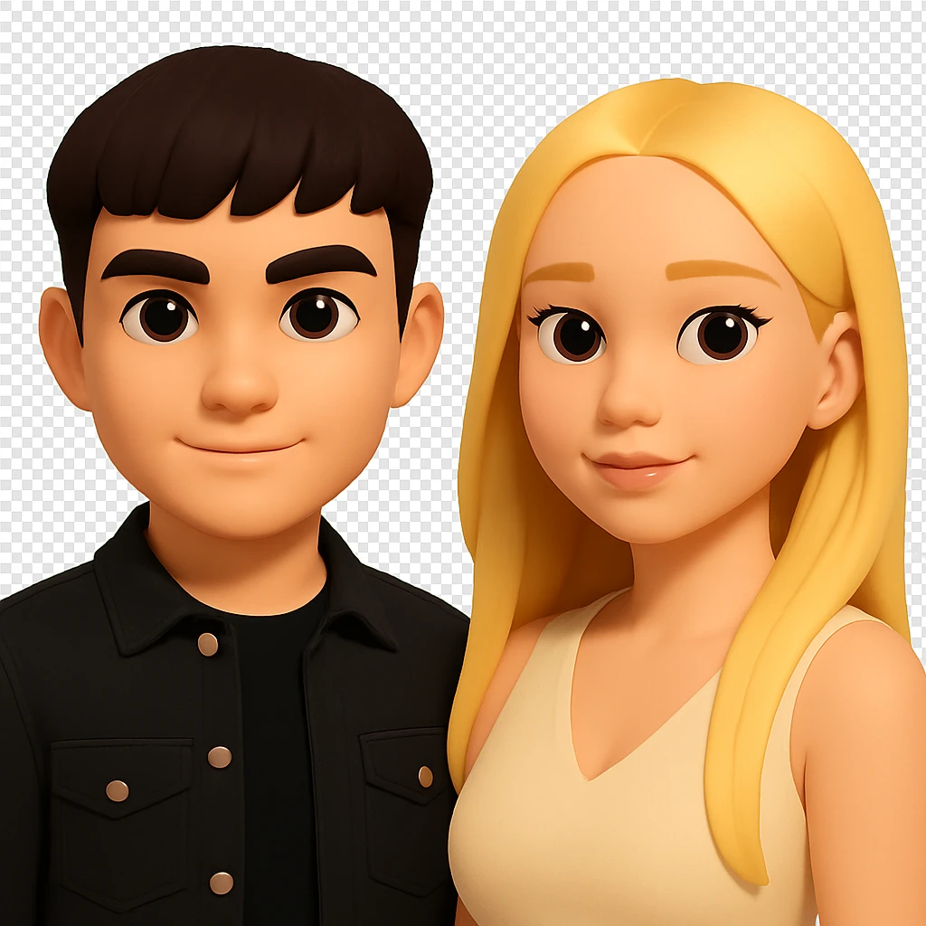 Slightly increase the volume of the upper body of the girl, separate the girl and the boy from each other, make the skin color the same for both characters. Maintain the cartoon style and keep the background transparent. emoji