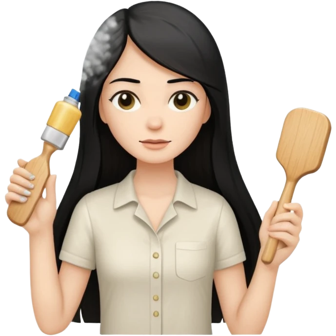 A white woman with long, straight black hair, wearing an ivory-colored shirt, holding a small square wooden paddle hairbrush in her left hand and spraying a hair mist bottle with her right hand toward her hair. emoji