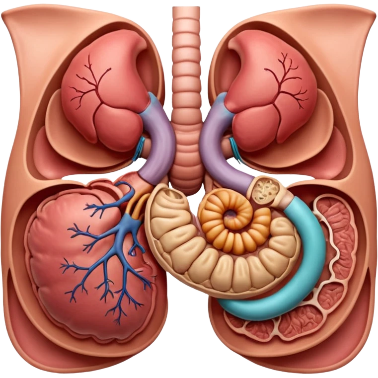 A highly detailed 3D anatomical model of the stomach of a human, including but not exclusive to the intestines, stomach, kidneys etc. Medical illustration style, realistic lighting, neutral background, hyper-detailed, scientific accuracy, 8K resolution emoji