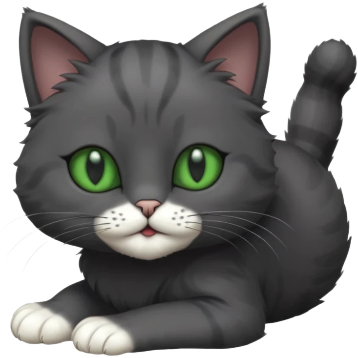 solid dark grey cat with green eyes, completely solid grey face, white toes/paws playfully rolling upside down emoji