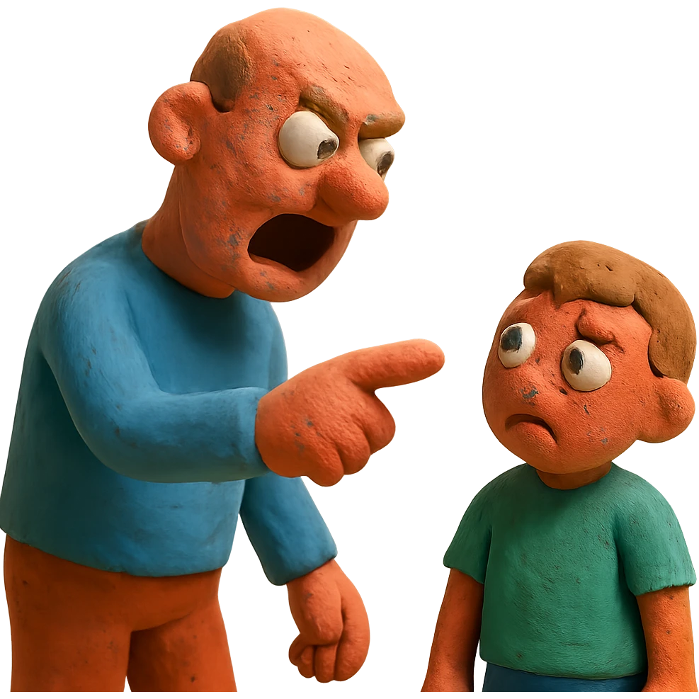 claymation style papa gritándole a su hijo en plano medio emoji