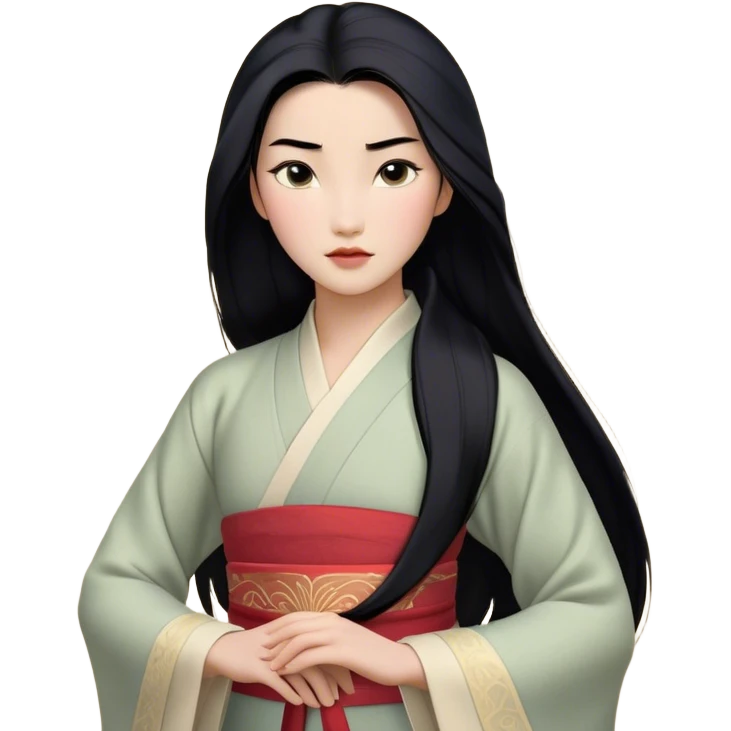 Cinematic Realistic Mulan Portrait, depicted with lifelike skin texture, soft natural lighting, and intricately detailed long black hair styled elegantly. Her deep, expressive eyes exude determination and grace, complemented by a serene yet confident expression. She is dressed in her classic attire, with rich fabric textures and delicate folds that catch the light beautifully. The portrait features a soft, enchanting glow with a natural, radiant finish, capturing the essence of timeless strength and beauty in a realistic and painterly style, evoking a sense of depth and authenticity. emoji