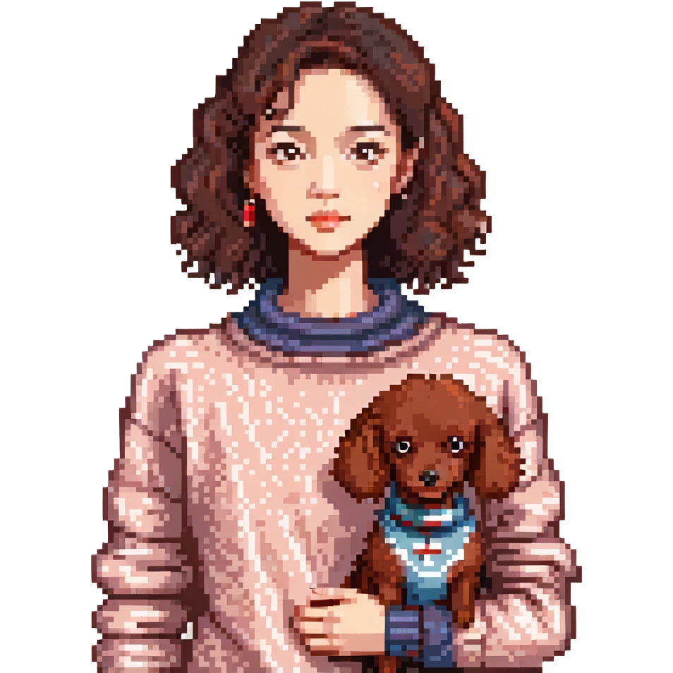Asian woman with dark brown hair and eyes, in a knit jumper, with a small red poodle by her side emoji