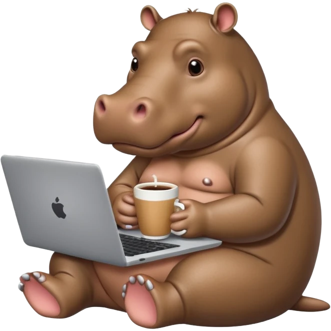 A cartoon hippopotamus who sits at a laptop and drinks coffee emoji
