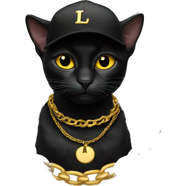 Black cat with LA fitted cap on and gold chains emoji