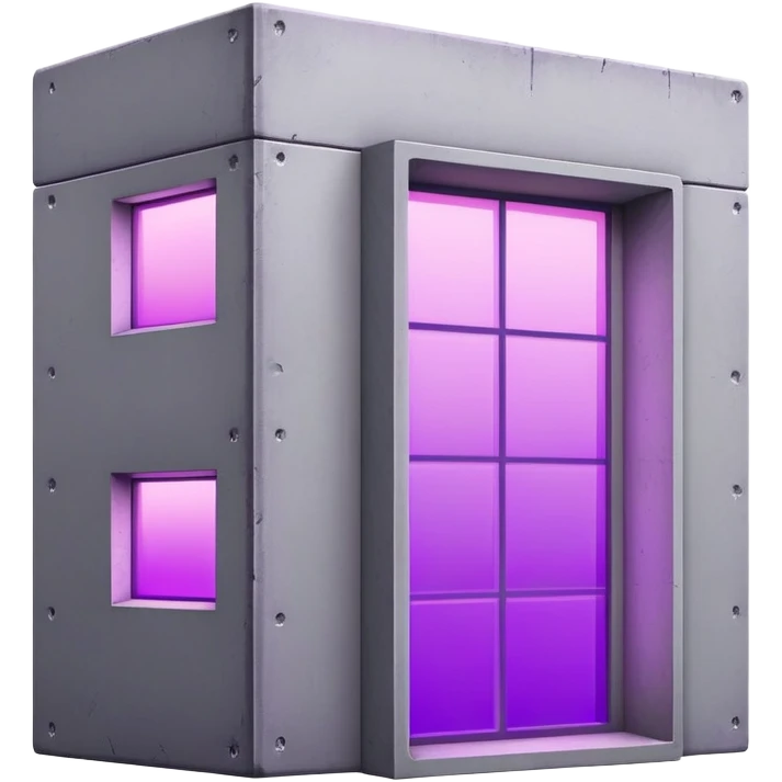 Minimalist gray concrete panel building with one window glowing bright purple from grow lights inside, simple rectangular structure emoji