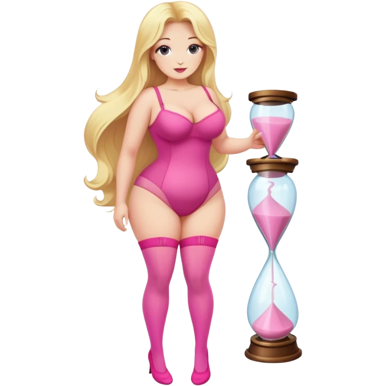 Very curvy blonde woman with long hair wearing pink stockings, hourglass figure emoji
