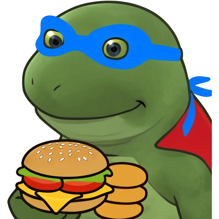 ninja turtle wearing blue eye mask with burger emoji