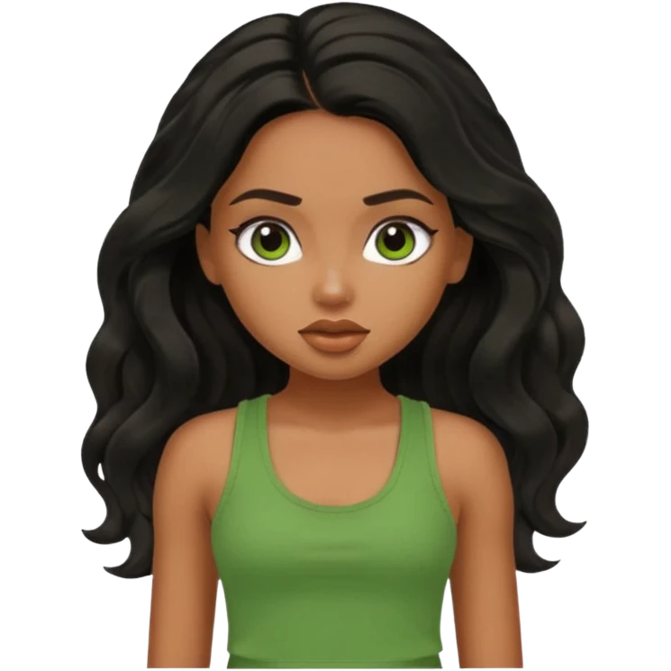 a pretty bratz brown girl with long wavy black color hair and green tank top on emoji