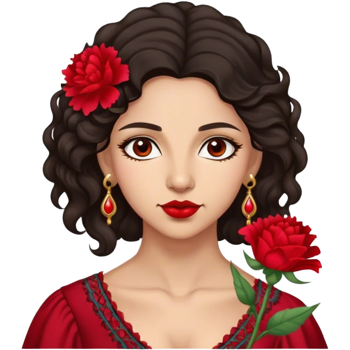 A Gypsy-origin woman with dark wavy hair, a single red carnation behind one ear, and a confident gaz emoji