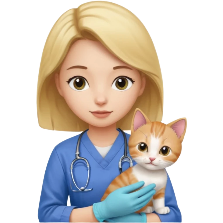 Young female vet – scrubs, gloves, examining kitten. emoji
