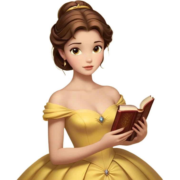 Cinematic Realistic Belle Portrait, depicted with lifelike skin texture, soft natural lighting, and intricately detailed brown hair styled elegantly. Her deep, expressive eyes exude warmth and intelligence, complemented by a serene and graceful expression. She gently holds a book in one hand, her other hand resting at her side, radiating an aura of beauty and intellect. She is dressed in her classic yellow ball gown, the fabric rich in texture with delicate folds that catch the light beautifully. The portrait features a soft, enchanting glow with a natural, radiant finish, capturing the essence of timeless beauty in a realistic and painterly style, evoking a sense of depth and authenticity. emoji