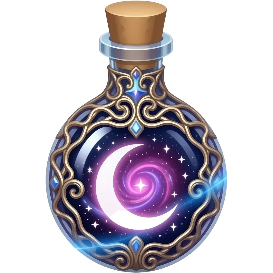 ornate glass vial with metallic filigree, swirling cosmic nebula inside, glowing purple‑pink‑blue light, crescent moon and tiny stars suspended in liquid, ethereal magical atmosphere emoji