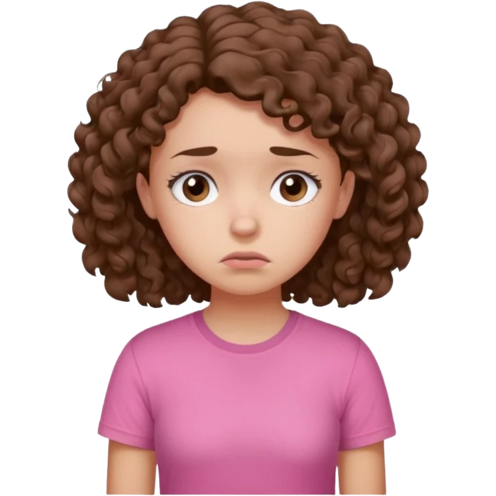 Young girl with curly hair and a pink T-shirt, looking sad and discouraged emoji