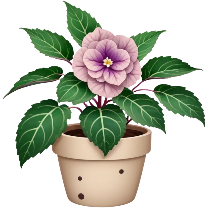 Begonia Rex plant in beige pot with only foliage, no flowers. Each leaf has dark green color, purple edges, white spots in middle, and clear spiral pattern at center where leaf grows emoji