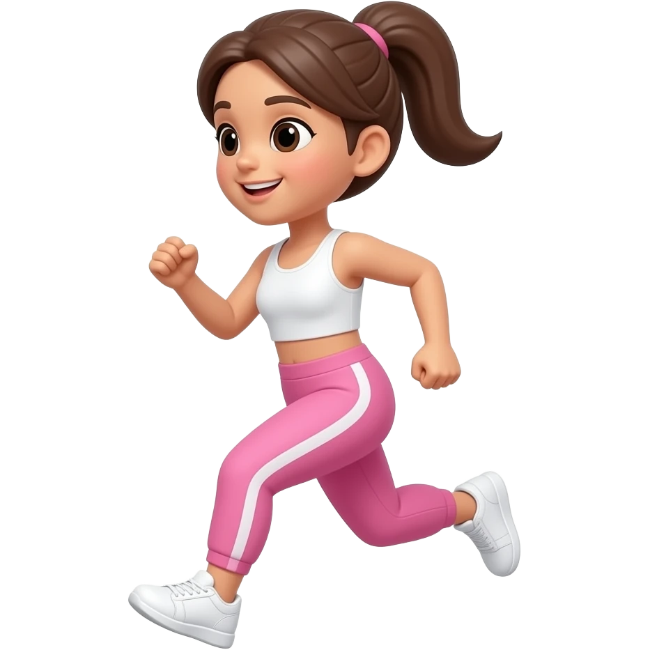 apple emoji style girl running brown hair light tanned skin, pink training pants, white tank top, white sneakers, pony tail emoji