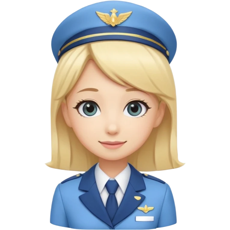 Cute emoji-style Japanese flight attendant, blonde hair, pastel blue airline uniform, kawaii cartoon style, big eyes, simple clean lineart, pastel colors, chibi proportions, friendly smile, sticker/emoji, transparent background emoji