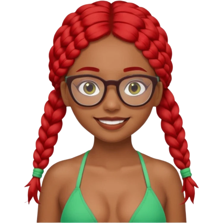 Dark Tan girl with two long red plaits and red rimmed  glasses, green bikini top,  head neck and shoulder shot only emoji