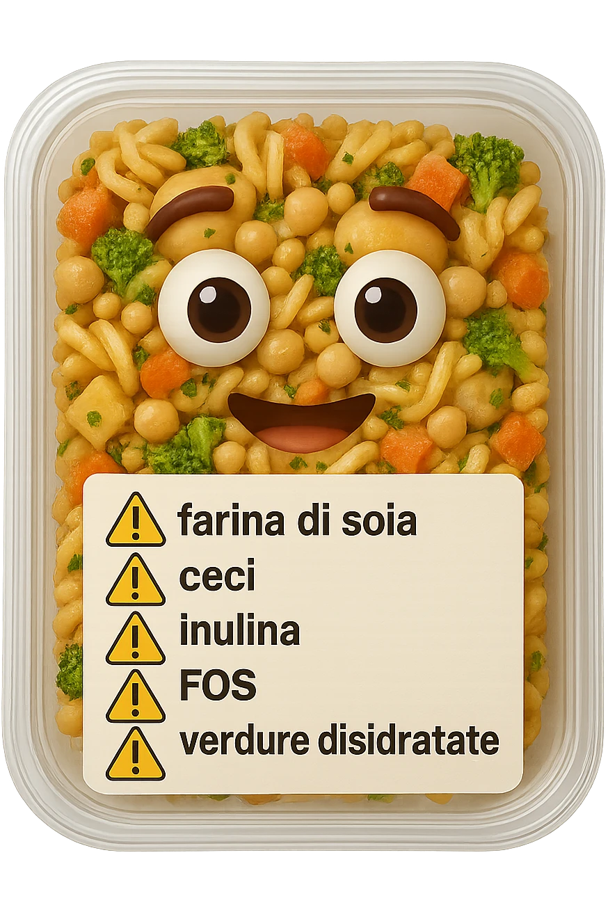 SU QUESTO STILE FAI UN EMOJI STILE IPHONE 3D DI UN insalata di pasta precotta preconfezionata con ETICHETTA CON GLI INGREDIENTI SCRITTI, "farina di soia, ceci, inulina, FOS, GOS, verdure disidratate" accanto ad ogni nome scritto mettici un segnale di allarme, FALLO MOLTO REALISTICO IN 3D emoji