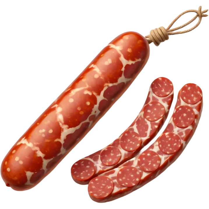 whole dry-cured sausage with rustic white-mottled casing tied with natural string sliced end showing dense marbled interior of red meat and white fat with a few round slices beside showing glossy speckled texture and slightly irregular edges soft lighting subtle shadows emoji scale emoji