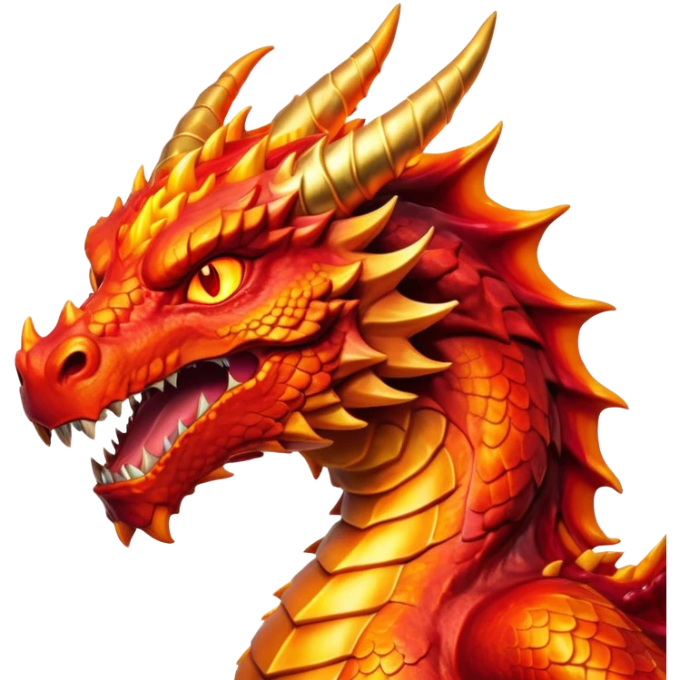 Cinematic Noble Fierce Fire Dragon Portrait Emoji, Poised and imposing, with a muscular, scaled body ablaze in fiery hues of crimson, molten orange, and molten gold, and intense, burning eyes that mirror the heart of a volcano; rendered with lifelike texture and dynamic natural highlights, high shine, formidable and intense, styled with an aura of scorching mythic power, focused and resolute, soft glowing outline, capturing the essence of a legendary inferno poised to ignite the screen with timeless ferocity! emoji