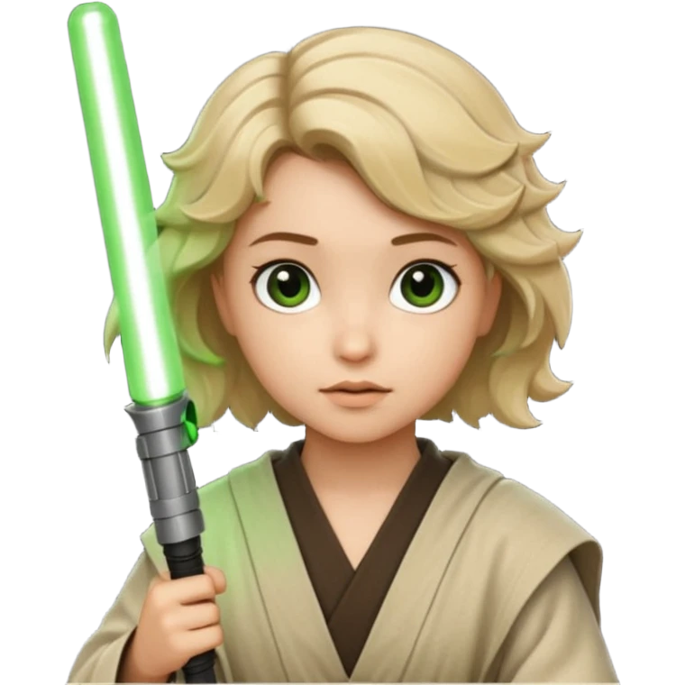 Young jedi with sandy blonde wavy short hair holding a green light saber, he has dark brown eyes emoji