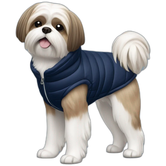 Side view standing Shih tzu in sleeveless navy blue puffer jacket emoji