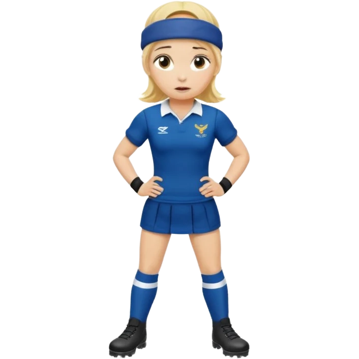 chica rubia con cara de miedo vestida con equipación de rugby y una casqueta en la cabeza metida en unas botas de presoterapia emoji