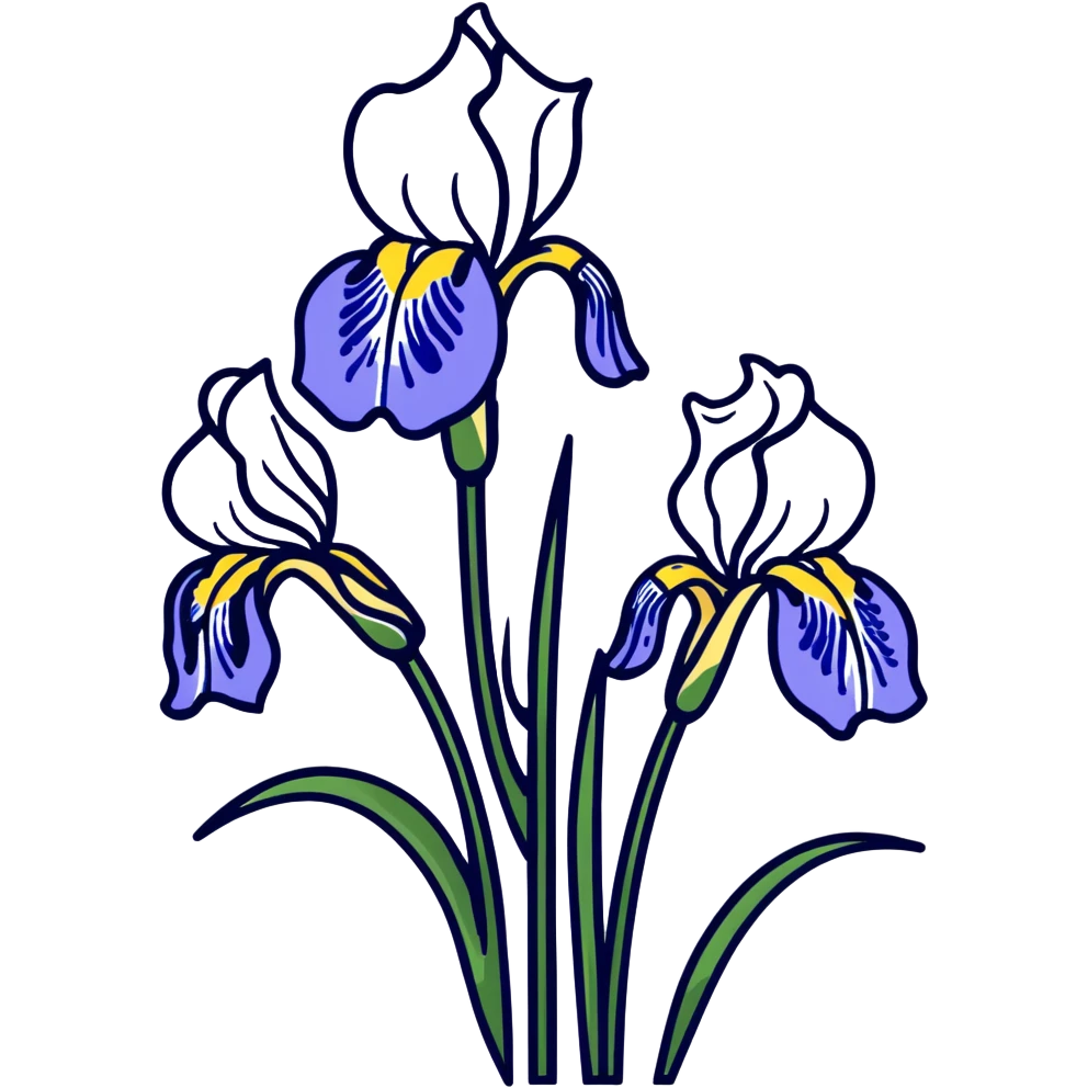 Elegant blue iris flower showing characteristic iris form with three drooping falls and three upright standards, with decorative long leaves emoji