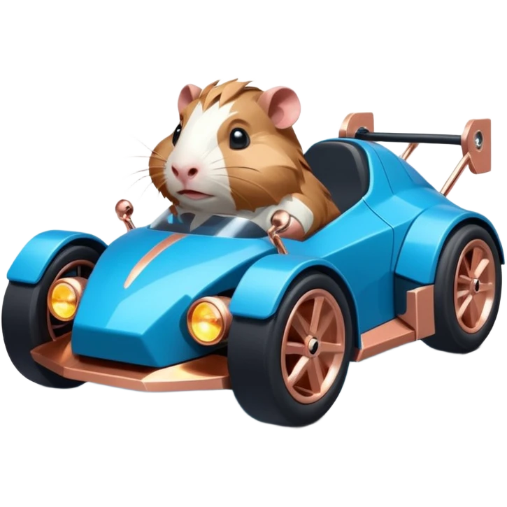 dark crystal blue and rosegold-accented cyberpunk faceted-body electric racing car driven by a small cute but fearless Guinea pig with rear spoiler, roll bar, and wheely bar emoji
