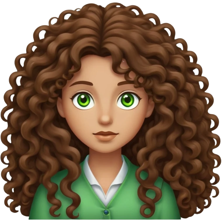 Character with extremely long massive voluminous curly brown hair and bright green eyes emoji