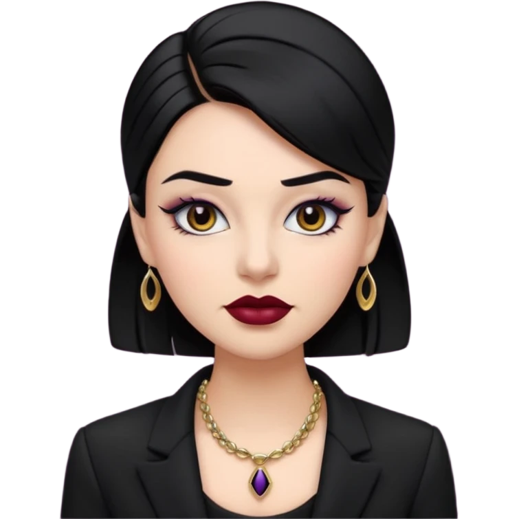 “Emoji girl, sculpted contour, bold dark lipstick, defined brows, sharp eyeliner, sleek black hair updo, statement necklace, black blazer.” emoji